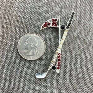 Vintage Golf Club Brooch Pin 2.5 In Red Black Rhinestone Silver 9 Hole Flag Ball